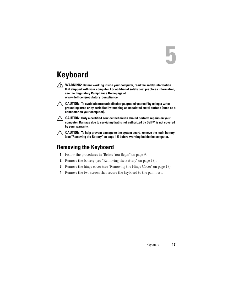 Keyboard, Removing the keyboard | Dell Inspiron 1428 (Late 2009) User Manual | Page 17 / 82