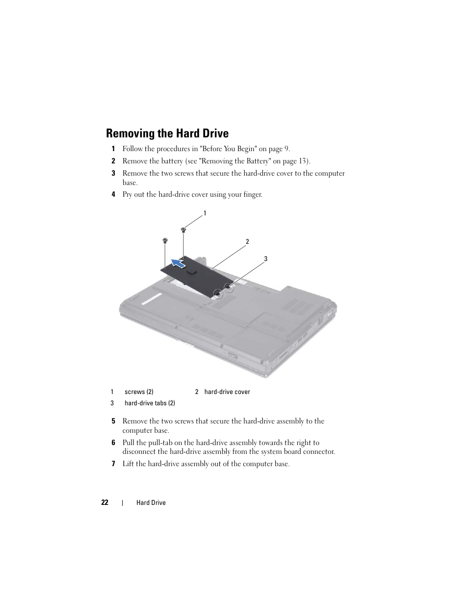 Removing the hard drive, 4 pry out the hard-drive cover using your finger | Dell Inspiron 1428 (Late 2009) User Manual | Page 22 / 82