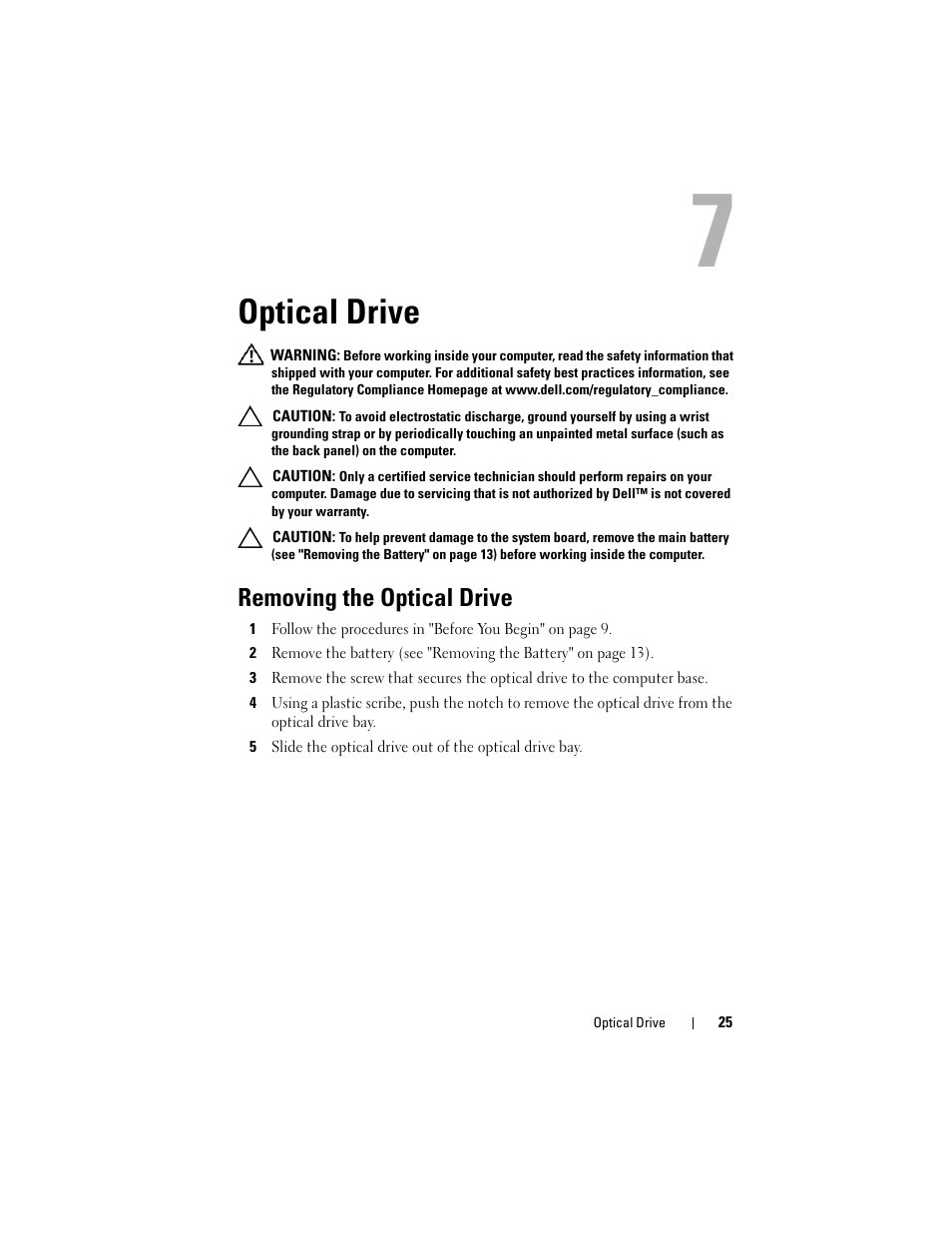 Optical drive, Removing the optical drive | Dell Inspiron 1428 (Late 2009) User Manual | Page 25 / 82