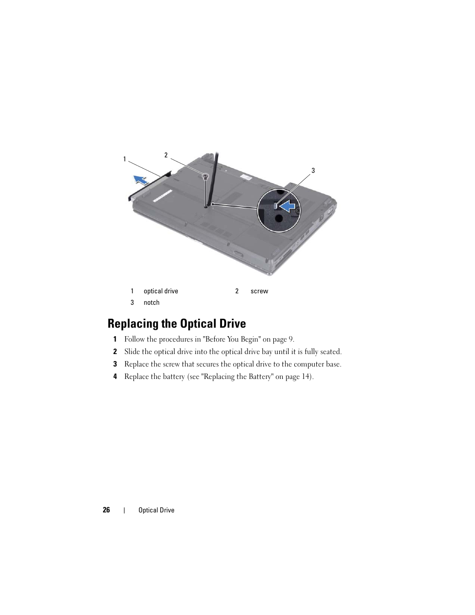 Replacing the optical drive | Dell Inspiron 1428 (Late 2009) User Manual | Page 26 / 82