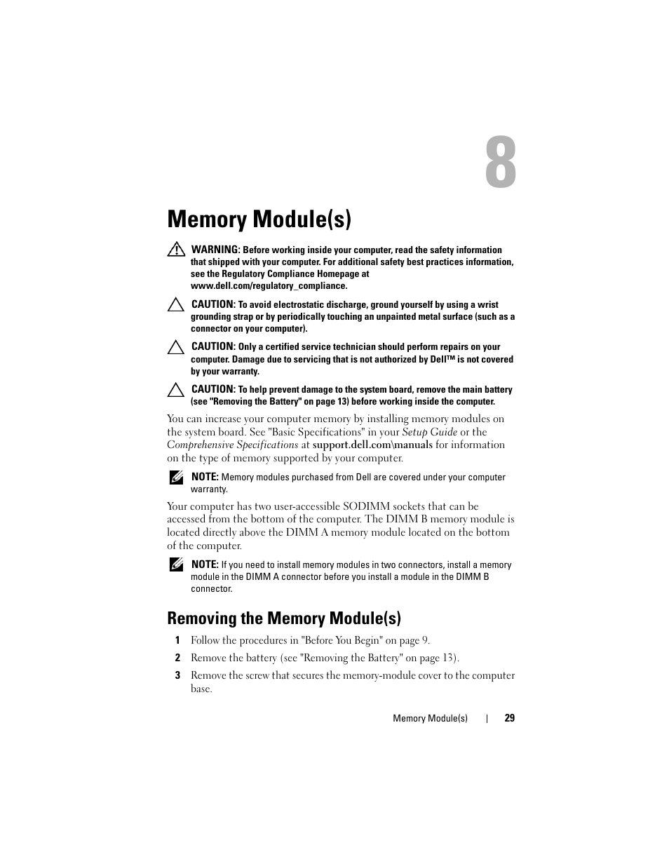 Memory module(s), Removing the memory module(s) | Dell Inspiron 1428 (Late 2009) User Manual | Page 29 / 82