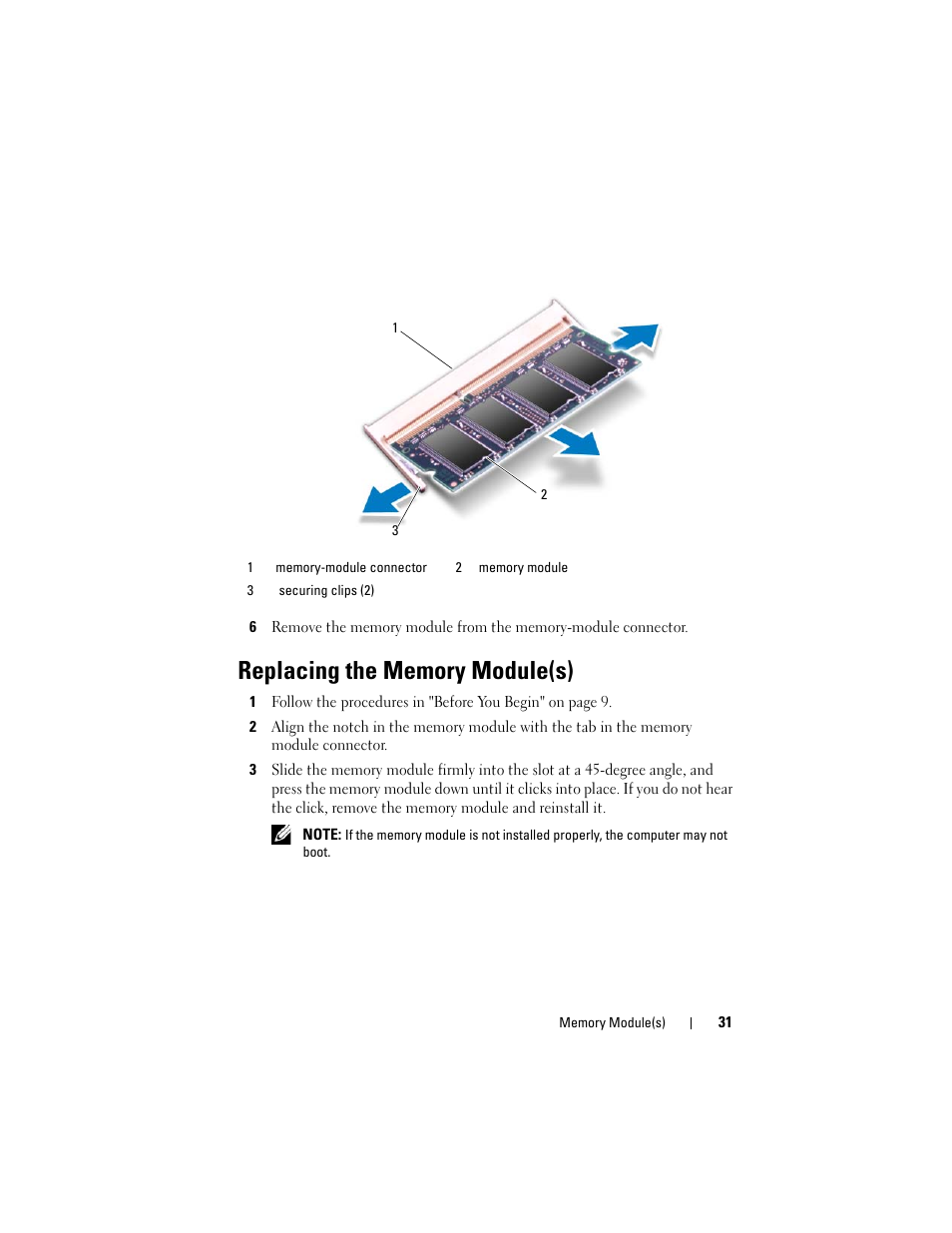 Replacing the memory module(s) | Dell Inspiron 1428 (Late 2009) User Manual | Page 31 / 82