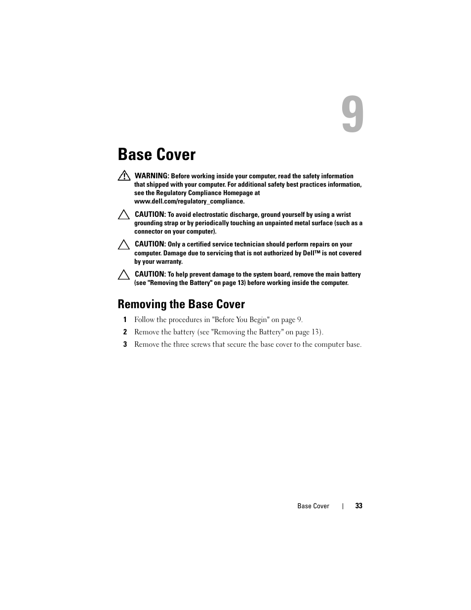 Base cover, Removing the base cover | Dell Inspiron 1428 (Late 2009) User Manual | Page 33 / 82