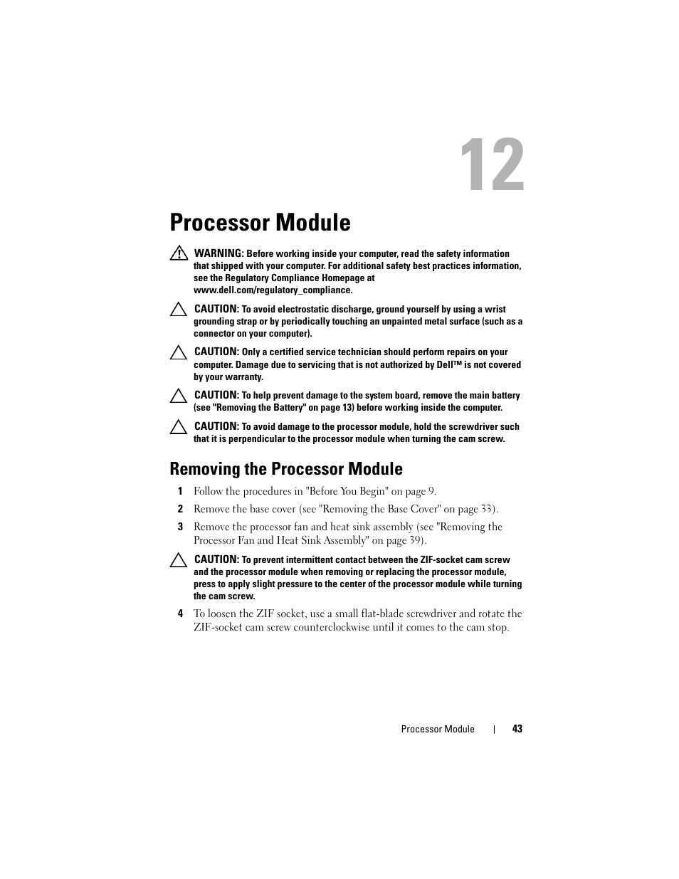 Processor module, Removing the processor module | Dell Inspiron 1428 (Late 2009) User Manual | Page 43 / 82