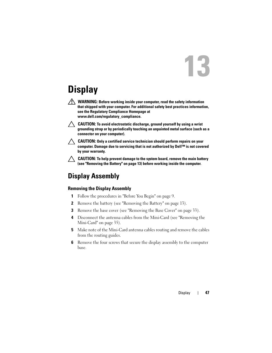 Display, Display assembly, Removing the display assembly | Dell Inspiron 1428 (Late 2009) User Manual | Page 47 / 82
