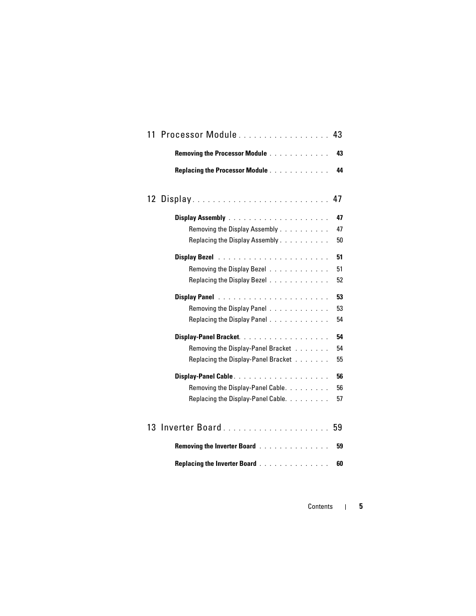 11 processor module, 12 display, 13 inverter board | Dell Inspiron 1428 (Late 2009) User Manual | Page 5 / 82