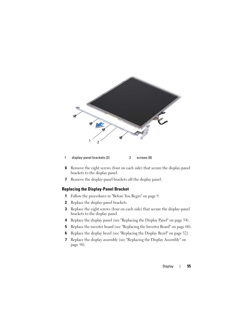 Replacing the display-panel bracket, 2 replace the display-panel brackets | Dell Inspiron 1428 (Late 2009) User Manual | Page 55 / 82