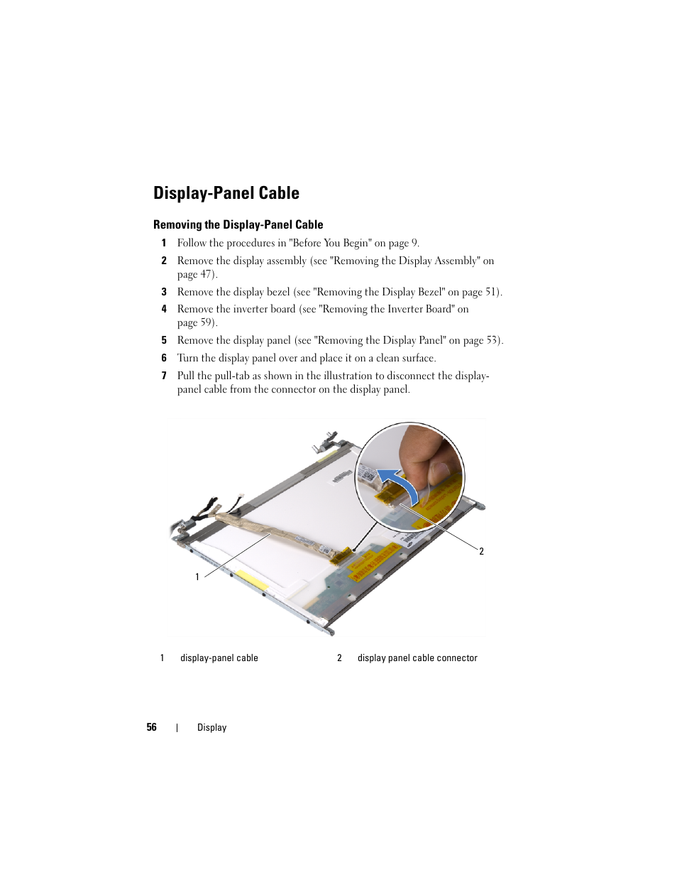 Display-panel cable, Removing the display-panel cable | Dell Inspiron 1428 (Late 2009) User Manual | Page 56 / 82