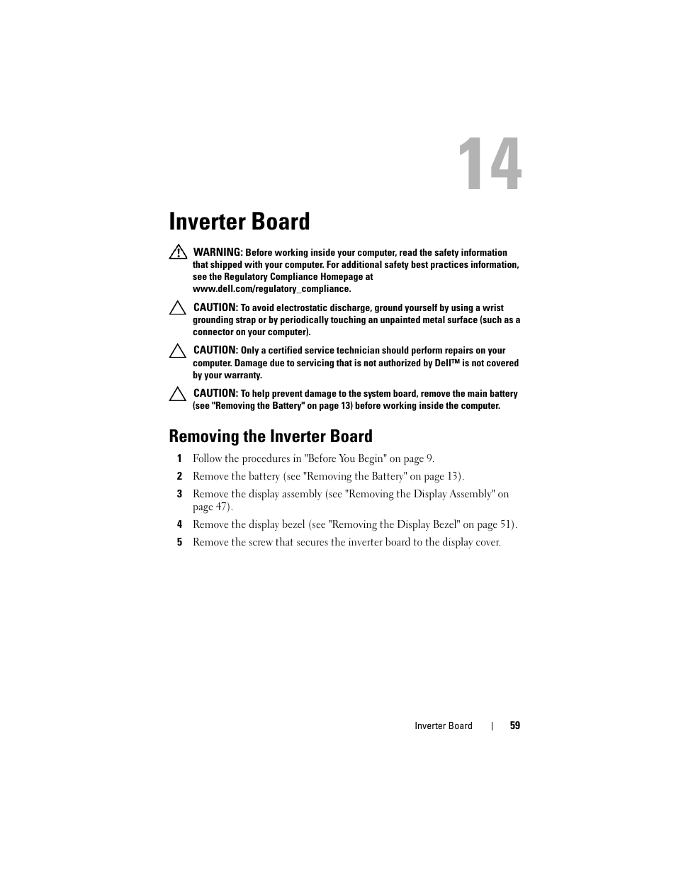 Inverter board, Removing the inverter board, Removing the inverter board" on | D (see "removing the inverter board" on | Dell Inspiron 1428 (Late 2009) User Manual | Page 59 / 82