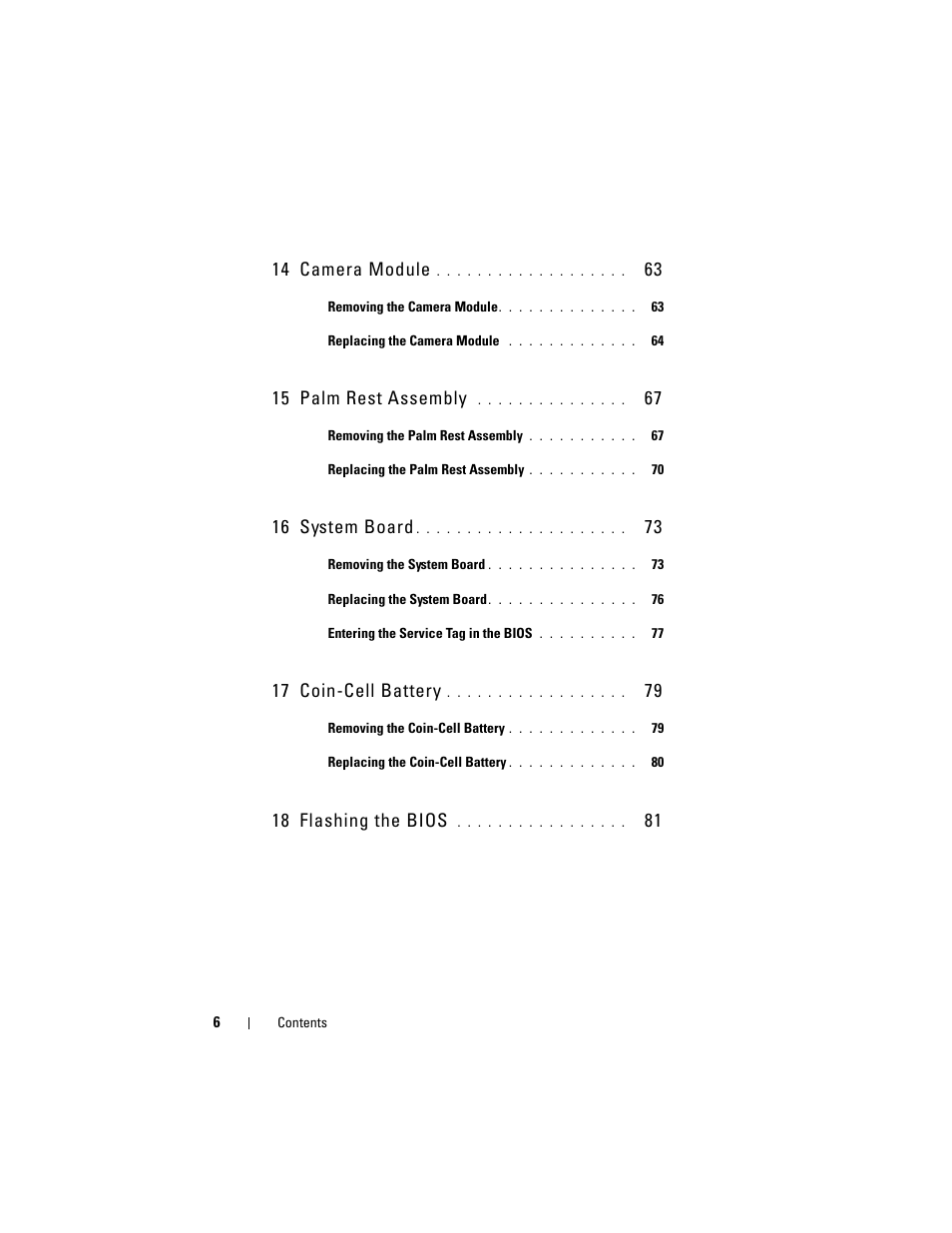 14 camera module, 15 palm rest assembly, 16 system board | 17 coin-cell battery, 18 flashing the bios | Dell Inspiron 1428 (Late 2009) User Manual | Page 6 / 82