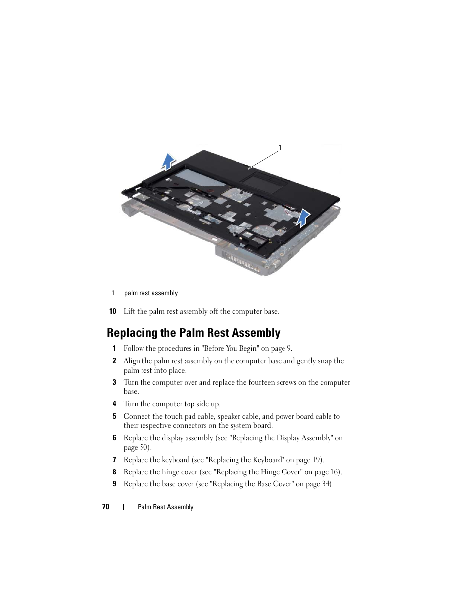 Replacing the palm rest assembly, 4 turn the computer top side up | Dell Inspiron 1428 (Late 2009) User Manual | Page 70 / 82