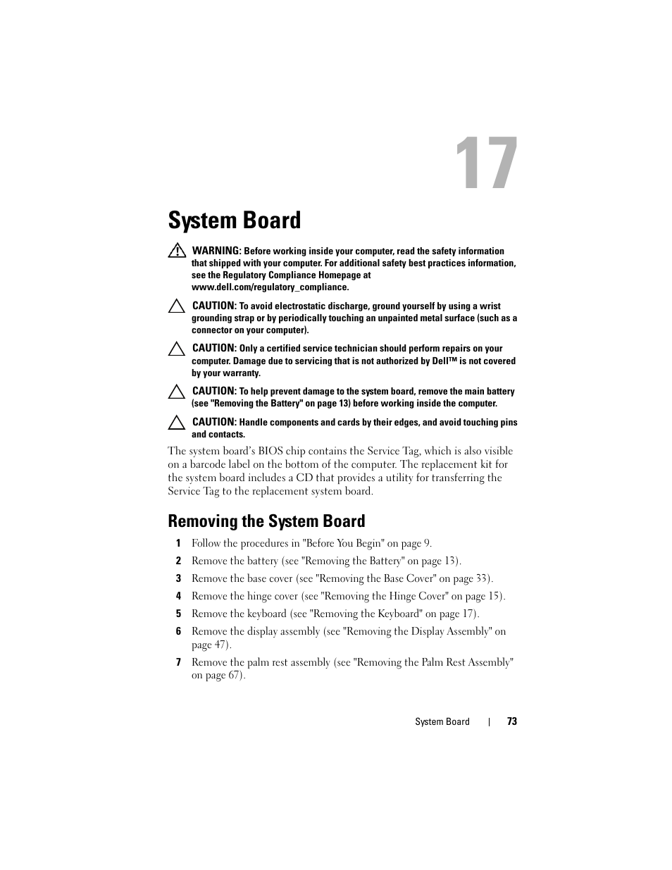 System board, Removing the system board | Dell Inspiron 1428 (Late 2009) User Manual | Page 73 / 82