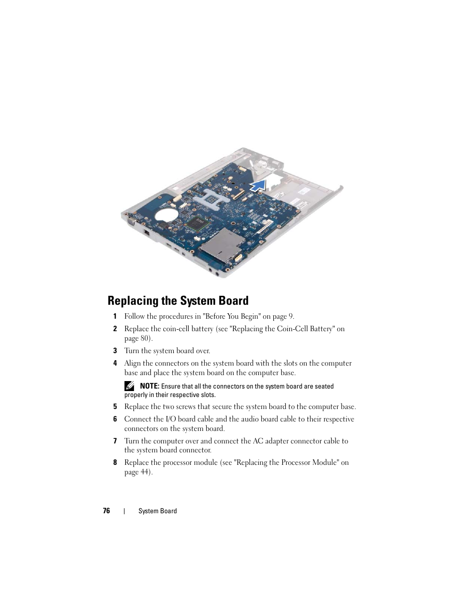 Replacing the system board, 3 turn the system board over | Dell Inspiron 1428 (Late 2009) User Manual | Page 76 / 82