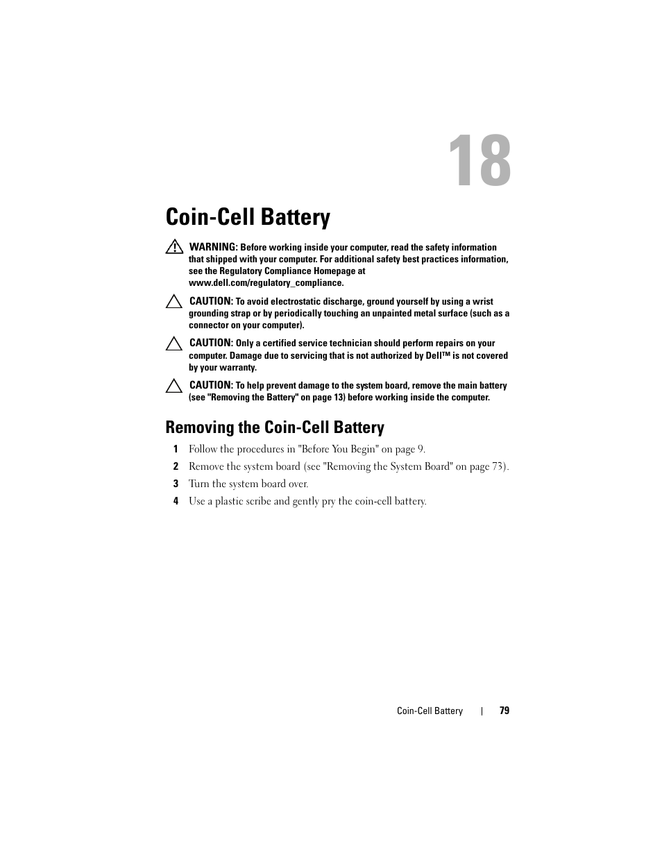 Coin-cell battery, Removing the coin-cell battery | Dell Inspiron 1428 (Late 2009) User Manual | Page 79 / 82
