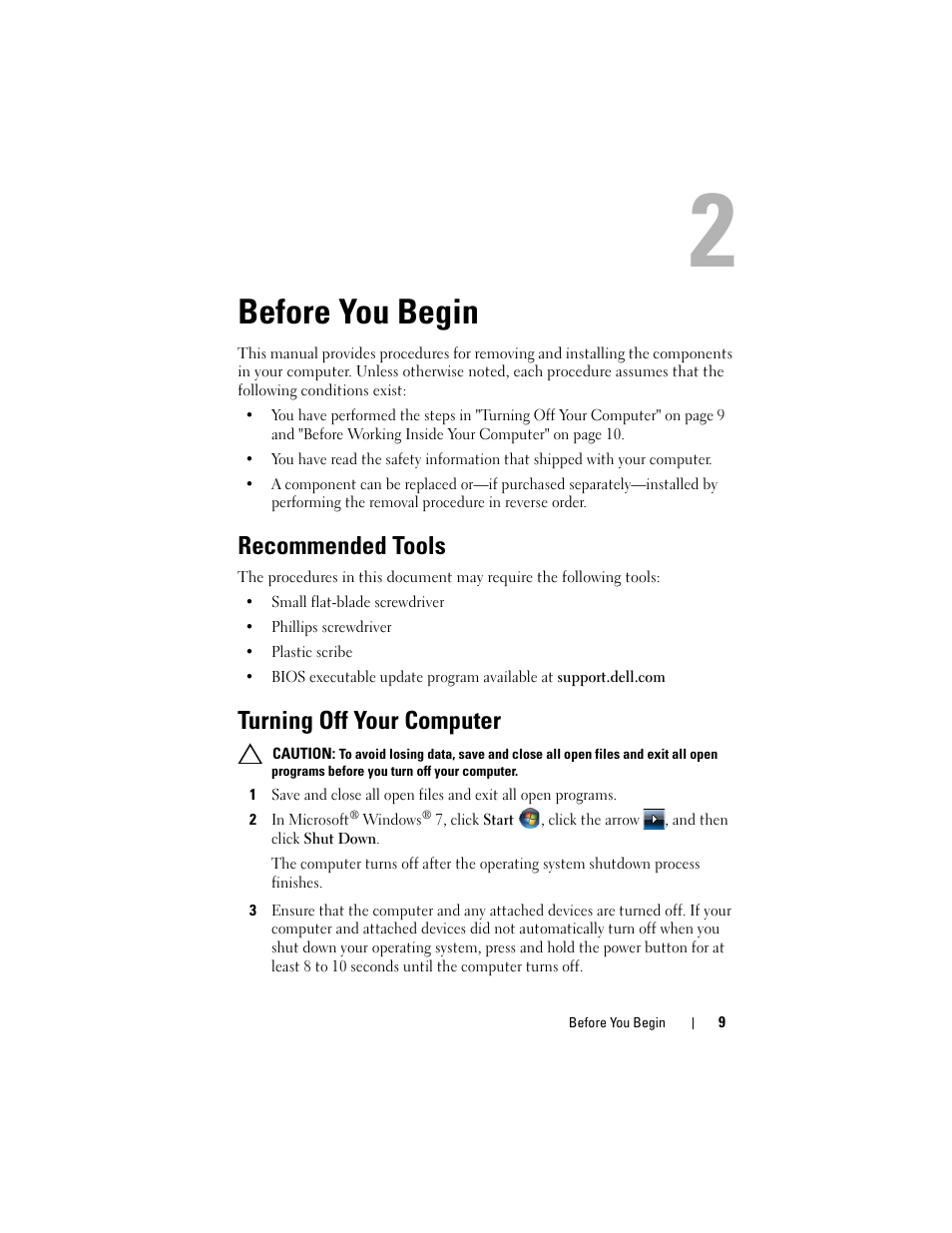 Before you begin, Recommended tools, Turning off your computer | Dell Inspiron 1428 (Late 2009) User Manual | Page 9 / 82