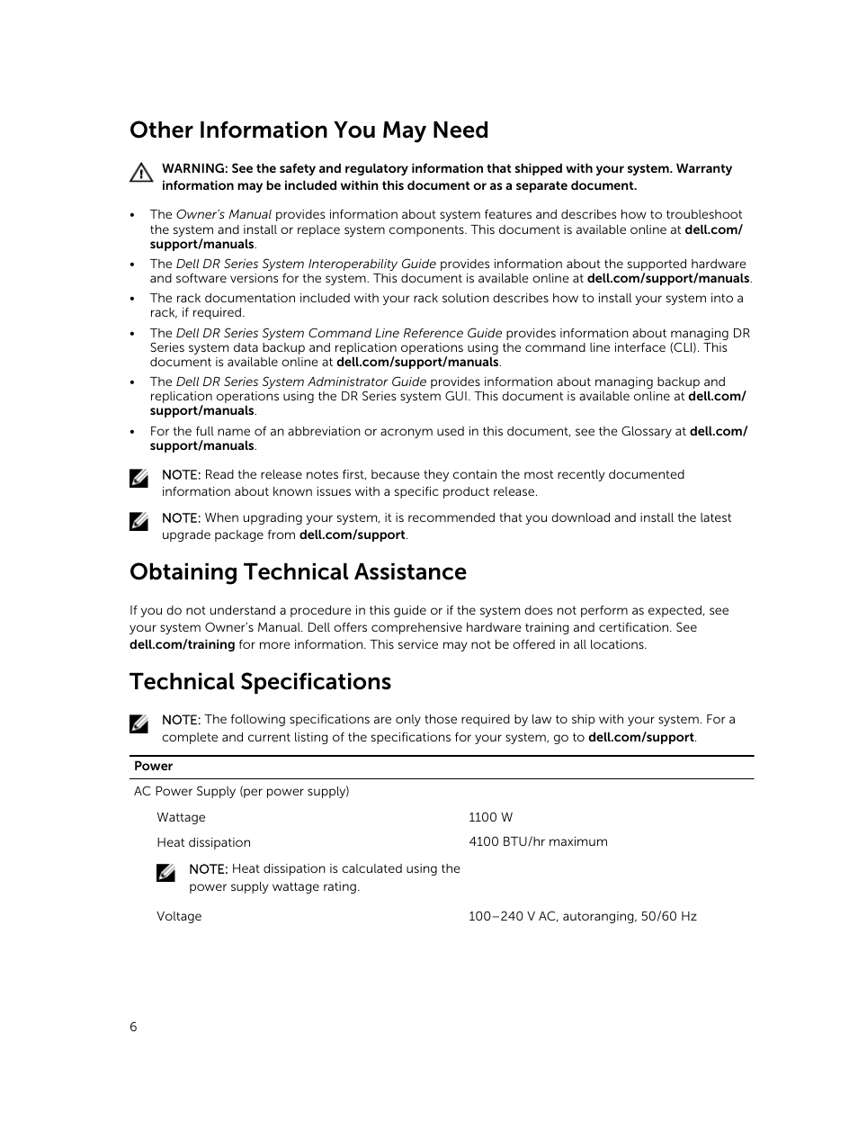 Other information you may need, Obtaining technical assistance, Technical specifications | Dell PowerVault DR6000 User Manual | Page 6 / 9