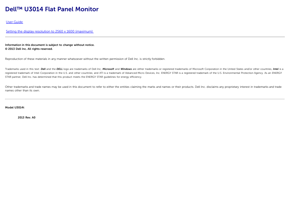 Dell U3014 Monitor User Manual | 72 pages