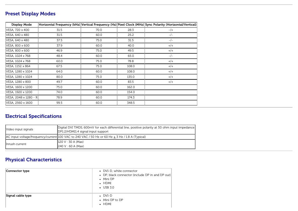 Preset display modes, Electrical specifications, Physical characteristics | Dell U3014 Monitor User Manual | Page 13 / 72
