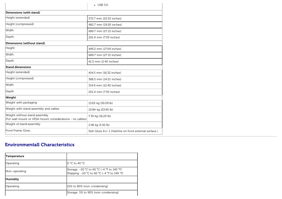 Environmentall characteristics | Dell U3014 Monitor User Manual | Page 14 / 72