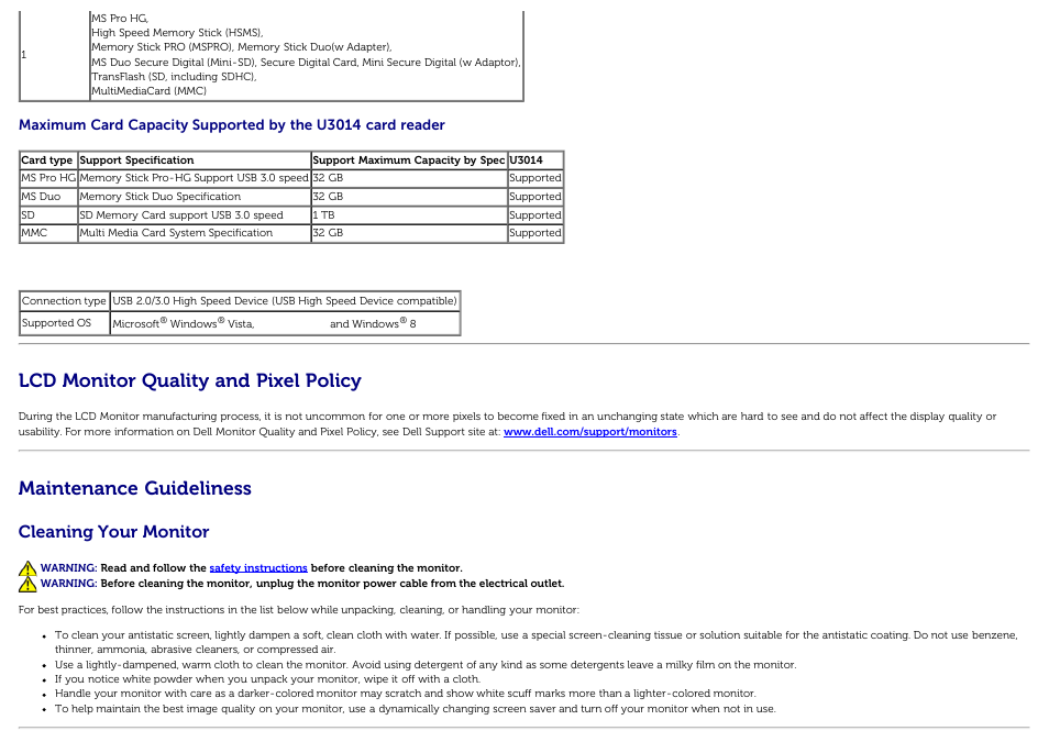 Lcd monitor quality and pixel policy, Maintenance guideliness, Cleaning your monitor | Dell U3014 Monitor User Manual | Page 20 / 72
