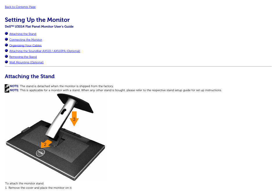 Setting up the monitor, Attaching the stand | Dell U3014 Monitor User Manual | Page 22 / 72