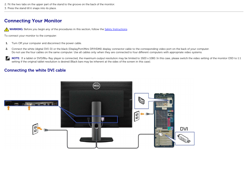 Connecting the monitor, Connecting your monitor, Connecting the white dvi cable | Dell U3014 Monitor User Manual | Page 23 / 72
