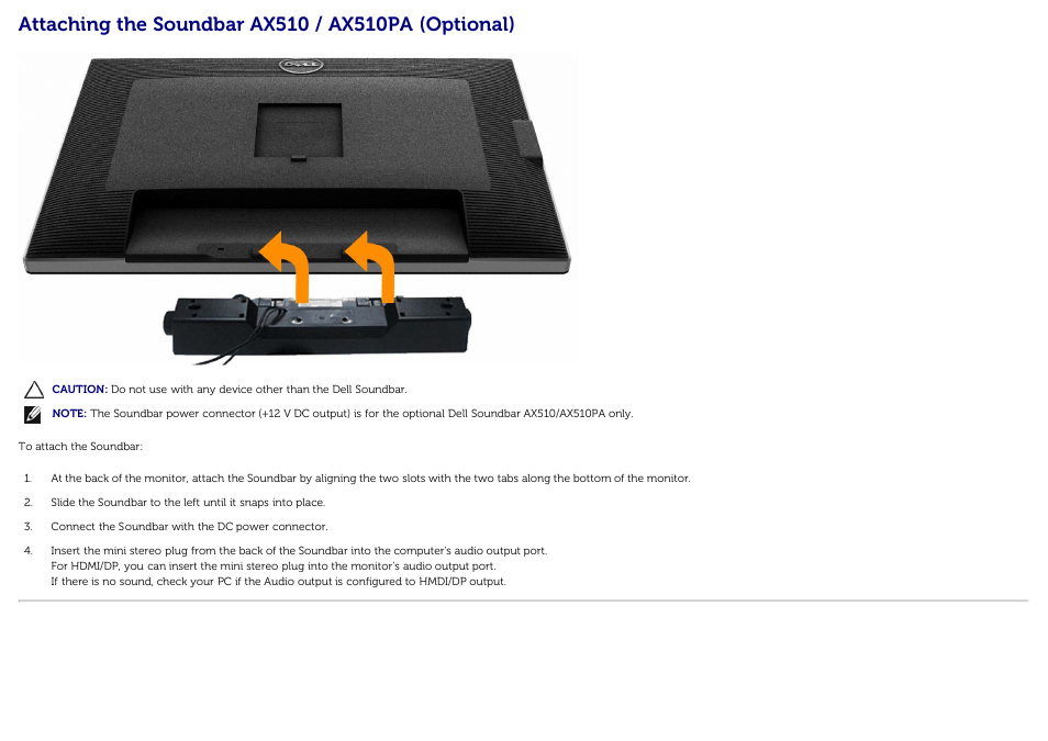 Attaching the soundbar ax510 / ax510pa (optional) | Dell U3014 Monitor User Manual | Page 32 / 72