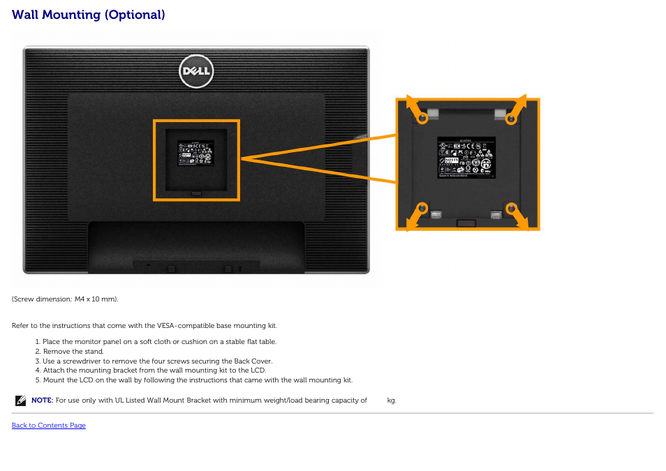 Wall mounting (optional) | Dell U3014 Monitor User Manual | Page 34 / 72