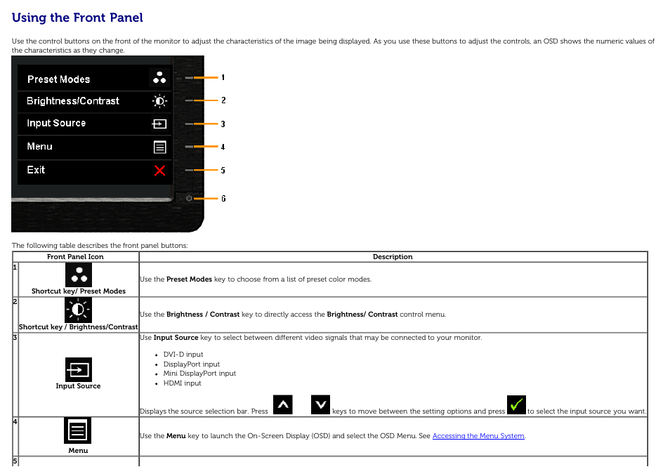 Using the front panel controls, Using the front panel | Dell U3014 Monitor User Manual | Page 36 / 72