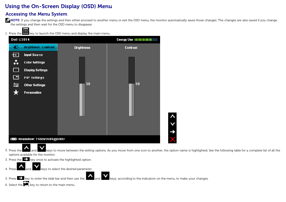Using the on-screen display (osd) menu, Accessing the menu system | Dell U3014 Monitor User Manual | Page 38 / 72