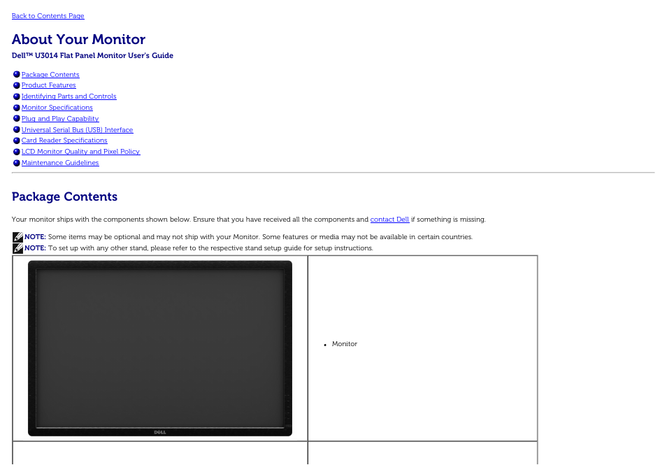 About your monitor, Package contents | Dell U3014 Monitor User Manual | Page 4 / 72
