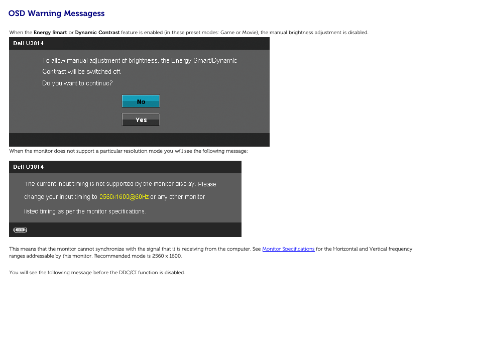 Osd warning messagess | Dell U3014 Monitor User Manual | Page 57 / 72