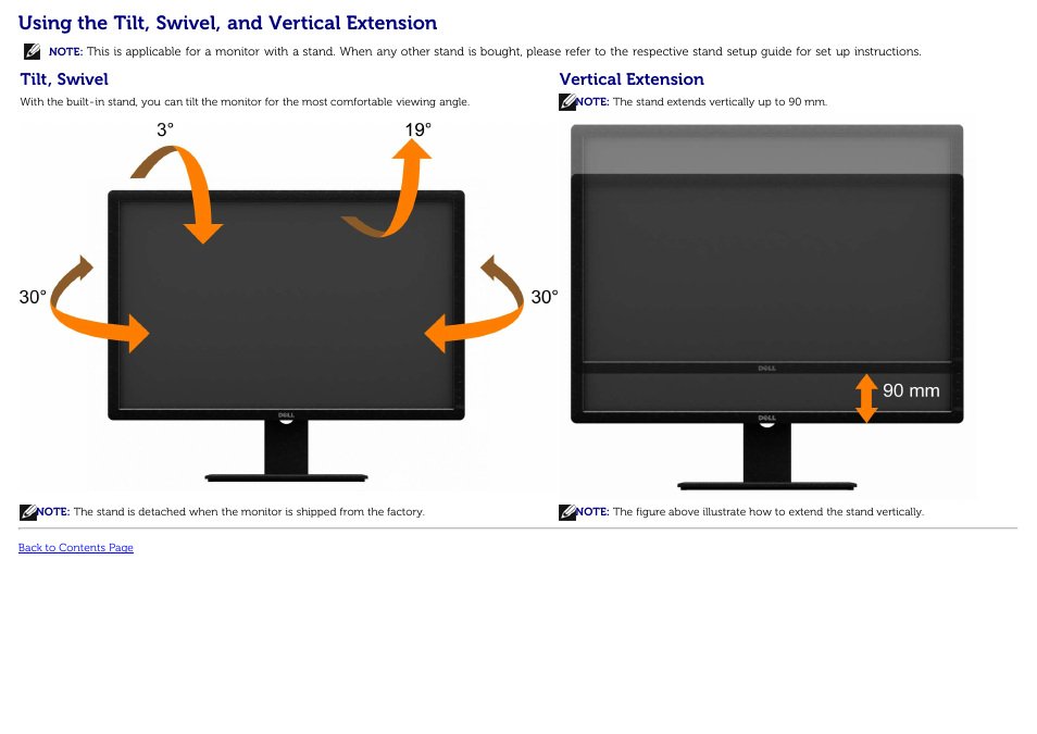 Using the tilt, swivel, and vertical extension, Tilt, swivel vertical extension | Dell U3014 Monitor User Manual | Page 62 / 72