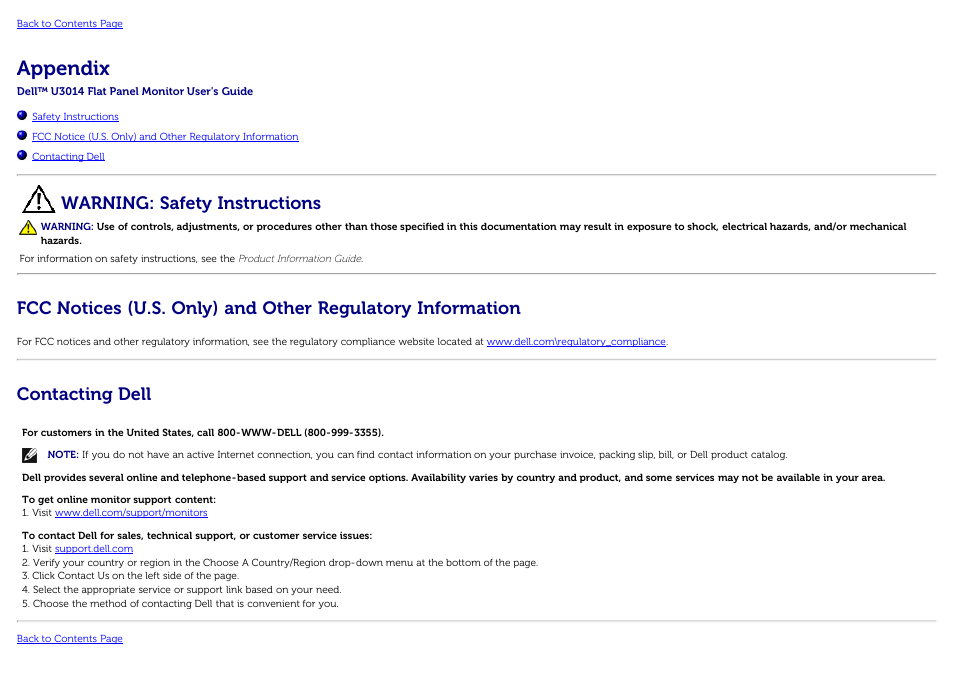 Appendix, Contact dell, Safety instructions | Warning: safety instructions, Contacting dell | Dell U3014 Monitor User Manual | Page 70 / 72