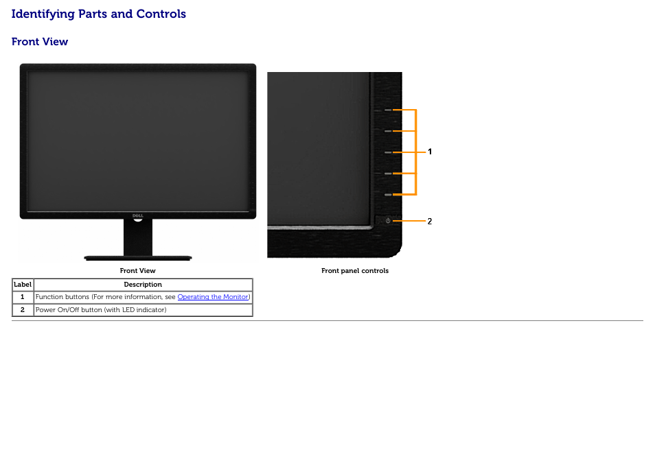 Identifying parts and controls, Front view | Dell U3014 Monitor User Manual | Page 8 / 72