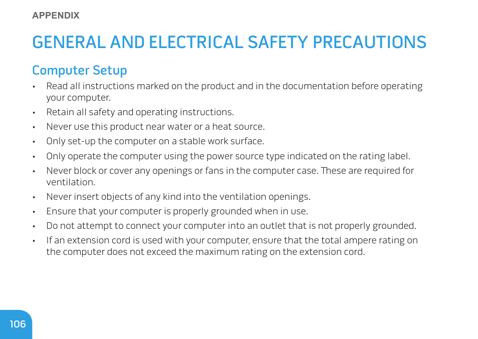 General and electrical safety precautions, Computer setup | Dell Alienware M11x R2 (Mid 2010) User Manual | Page 106 / 112