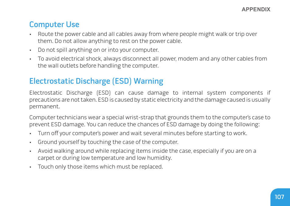 Computer use, Electrostatic discharge (esd) warning | Dell Alienware M11x R2 (Mid 2010) User Manual | Page 107 / 112