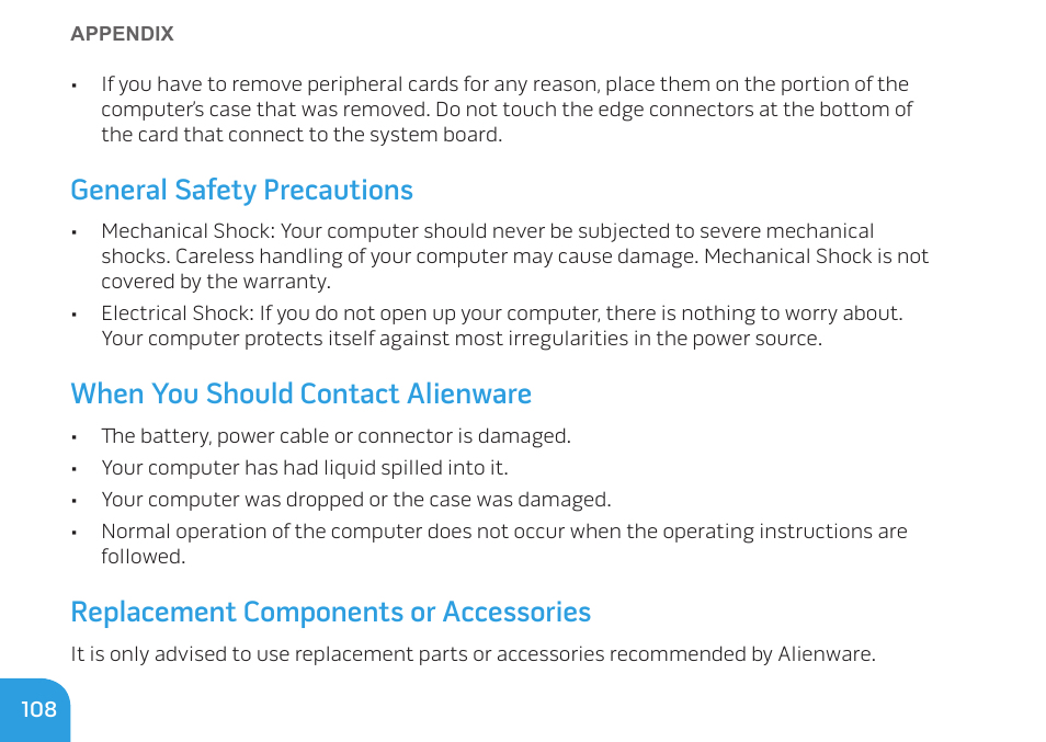 General safety precautions, When you should contact alienware, Replacement components or accessories | Dell Alienware M11x R2 (Mid 2010) User Manual | Page 108 / 112