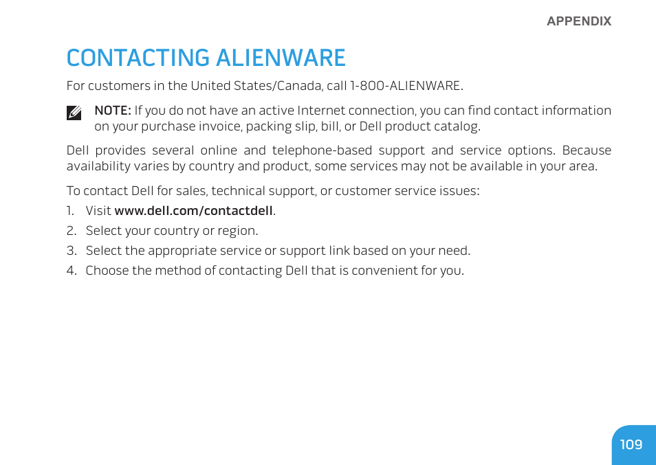 Contacting alienware | Dell Alienware M11x R2 (Mid 2010) User Manual | Page 109 / 112