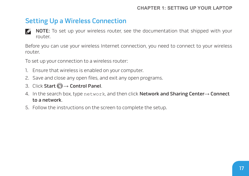 Setting up a wireless connection | Dell Alienware M11x R2 (Mid 2010) User Manual | Page 17 / 112
