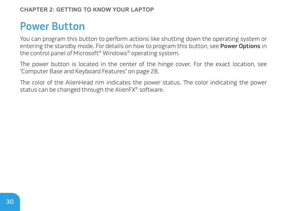 Power button | Dell Alienware M11x R2 (Mid 2010) User Manual | Page 30 / 112