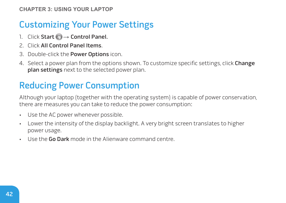 Customizing your power settings, Reducing power consumption | Dell Alienware M11x R2 (Mid 2010) User Manual | Page 42 / 112