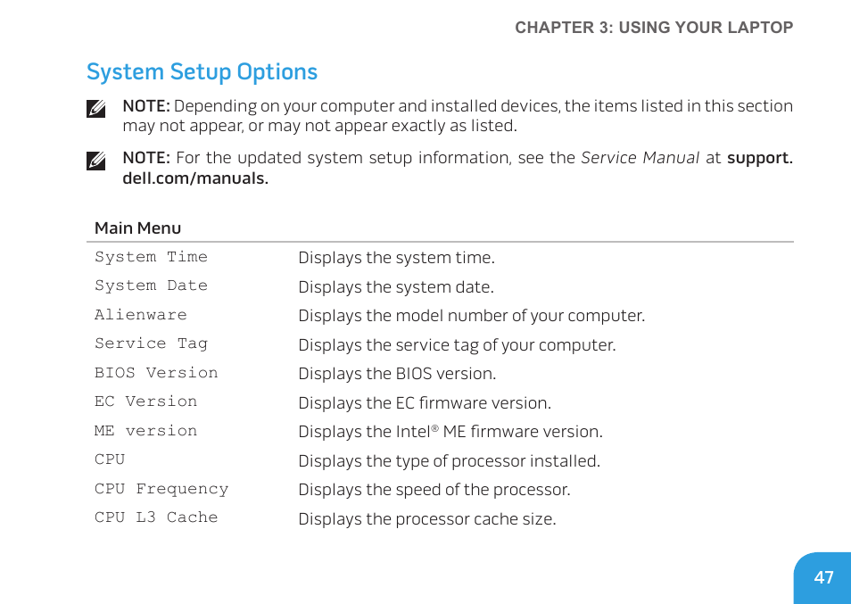 System setup options | Dell Alienware M11x R2 (Mid 2010) User Manual | Page 47 / 112