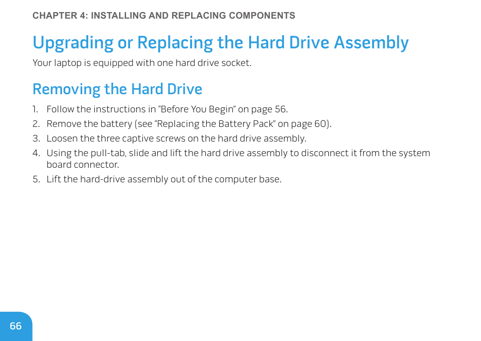 Upgrading or replacing the hard drive assembly, Removing the hard drive | Dell Alienware M11x R2 (Mid 2010) User Manual | Page 66 / 112