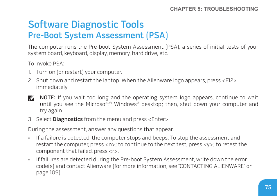 Software diagnostic tools, Pre-boot system assessment (psa) | Dell Alienware M11x R2 (Mid 2010) User Manual | Page 75 / 112