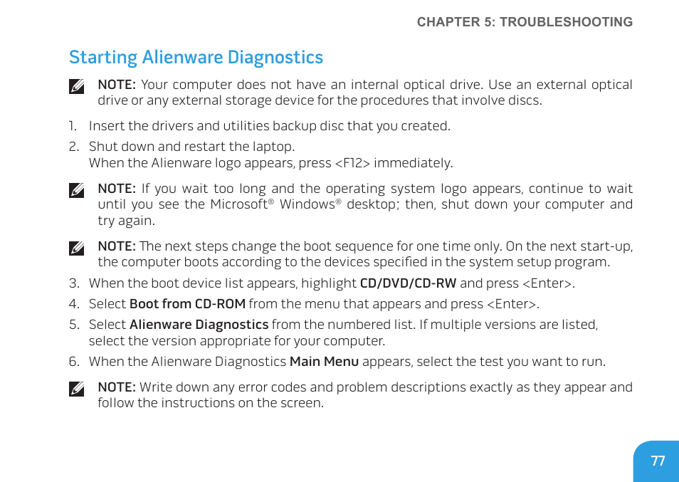 Starting alienware diagnostics | Dell Alienware M11x R2 (Mid 2010) User Manual | Page 77 / 112