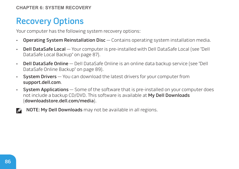 Recovery options | Dell Alienware M11x R2 (Mid 2010) User Manual | Page 86 / 112