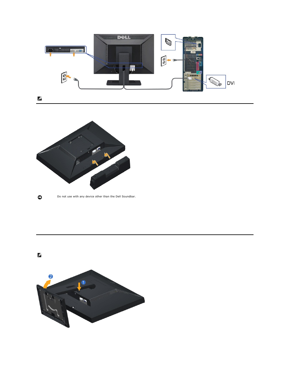 Connecting your monitor, Attaching the dell soundbar (optional), Removing the stand base | Attaching the dell soundbar(optional), Removing the stand | Dell E2210H Monitor User Manual | Page 26 / 30