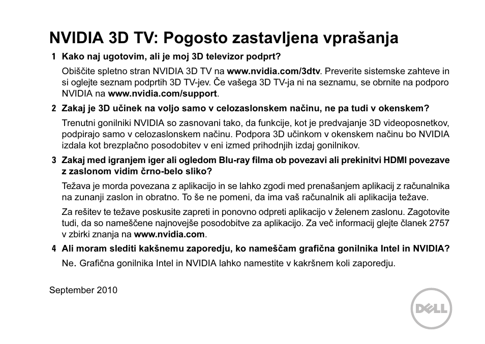 Nvidia 3d tv: pogosto zastavljena vpraðanja, Nvidia 3d tv: pogosto zastavljena vprašanja | Dell XPS 17 (L702X, Early 2011) User Manual | Page 5 / 6