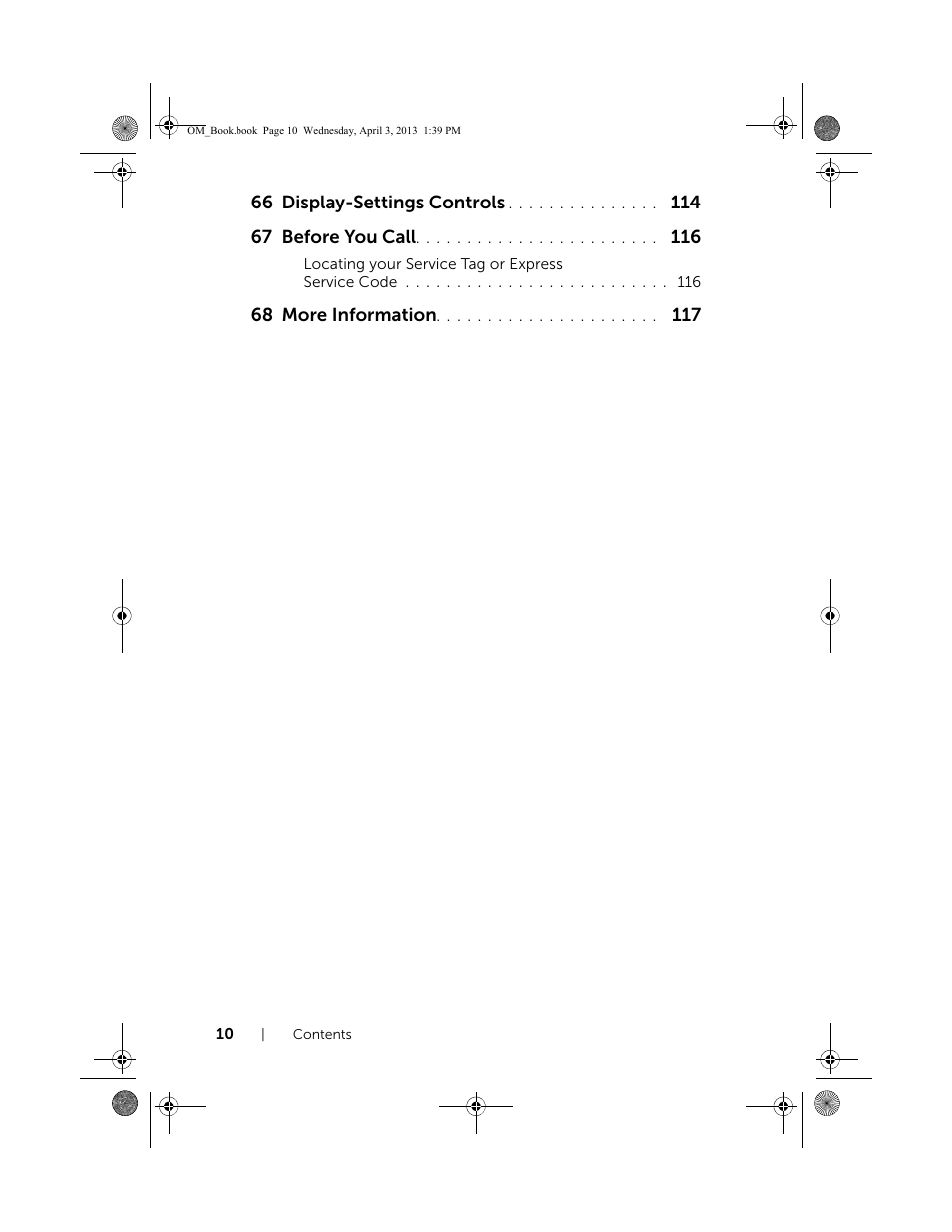 66 display-settings controls, 68 more information | Dell XPS One 2720 (Mid 2013) User Manual | Page 10 / 117